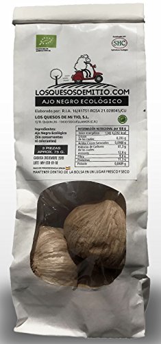 Ajo negro ecológico español de máxima calidad (9 cabezas de ajo negro al natural, aprox 255g), antioxidante y energizante natural con sabor a regaliz, textura blanda, agricultura ecológica de Losquesosdemitio (La Mancha)