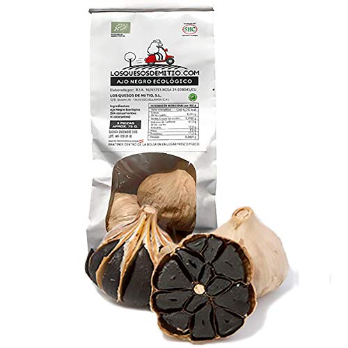 Ajo negro ecológico español de máxima calidad (9 cabezas de ajo negro al natural, aprox 255g), antioxidante y energizante natural con sabor a regaliz, textura blanda, agricultura ecológica de Losquesosdemitio (La Mancha)