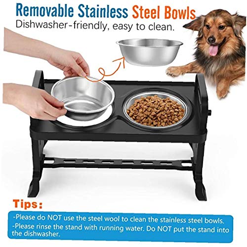 Ajustable Comederos Elevada, 4 Ajustables para Perros Heights Cuencos Plato con Extraíbles Doble del Acero Inoxidable Cuencos De Agua Alimentos Golosinas - Negro