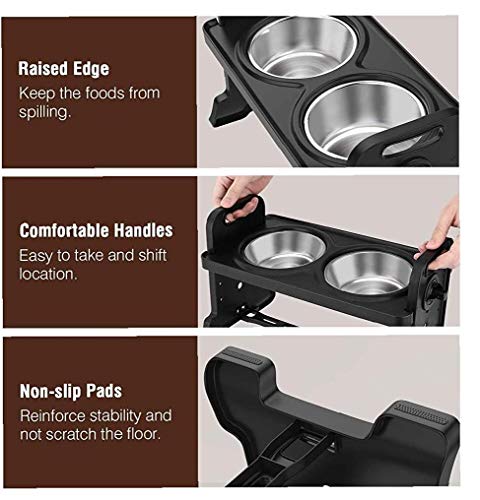 Ajustable Comederos Elevada, 4 Ajustables para Perros Heights Cuencos Plato con Extraíbles Doble del Acero Inoxidable Cuencos De Agua Alimentos Golosinas - Negro