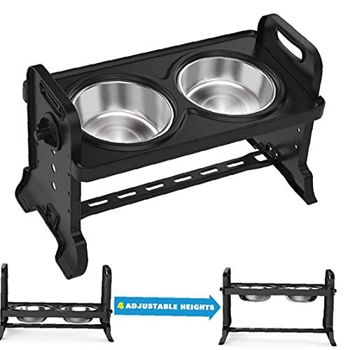 Ajustable Comederos Elevada, 4 Ajustables para Perros Heights Cuencos Plato con Extraíbles Doble del Acero Inoxidable Cuencos De Agua Alimentos Golosinas - Negro