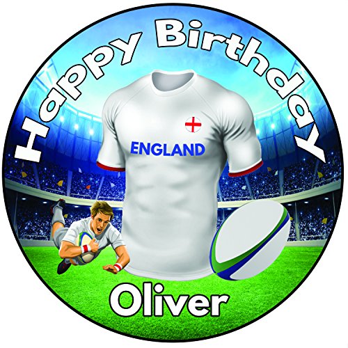 AK Giftshop Camiseta de Rugby de Inglaterra Personalizada para Tartas de Cumpleaños, Decoración Redonda de glaseado (20 cm) – Añade tu Nombre de Gallina y Edad