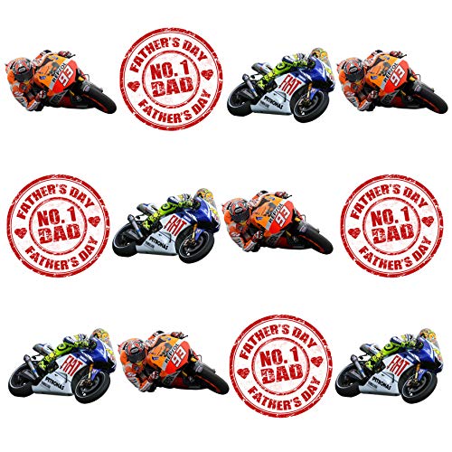 AKGifts Día del Padre Moto GP temática de Decoraciones para Tarta – decoración Comestible para Tartas y Pasteles (Pack de 12)