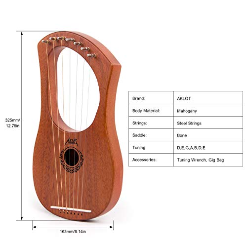 Aklot Grabado Arpa de lira, 7 cuerdas de metal para sillín de hueso, arpa de caoba con llave de afinación y bolsa negra…