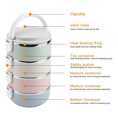 Akozon Lonchera térmica Contenedor portátil de acero inoxidable Bento Box Contenedor de alimentos(4 capas)