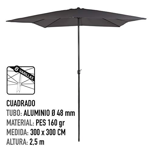 AKTIVE Garden 53876 Parasol cuadrado 300 x 300 cm, antracita mástil aluminio