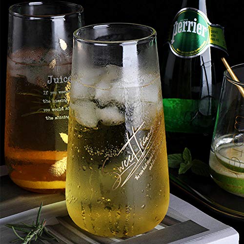 Alarmclocker8B Taza de Vidrio Leche Café Jugo Té Vino Cerveza Taza de Desayuno Letra Simple Transparente Vidrio Resistente al Calor Bebida casera Cuchara de Regalo