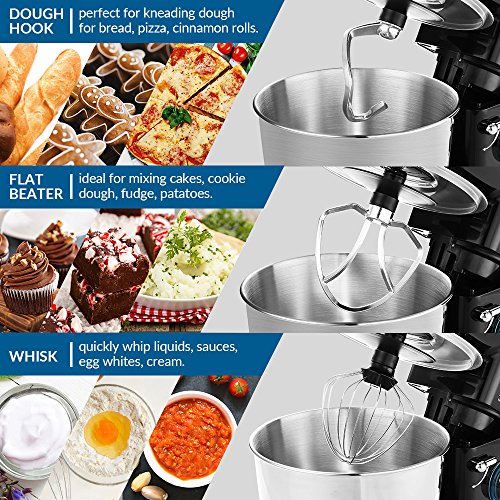 ALBOHES Batidora Amasadora, 6 Velocidades Kitchen Mixer Multifuncional, 3 Ganchos, Bajo Ruido, Robot de Cocina con Protector para Salpicaduras, Acero Inoxidable, Fácil de Limpiar, 5,5L, 800W