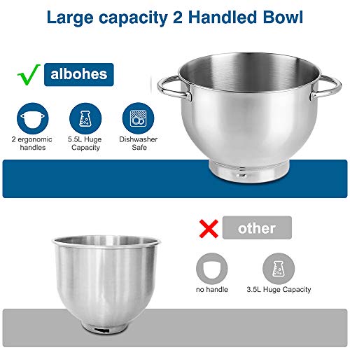 ALBOHES Batidora Amasadora, 6 Velocidades Kitchen Mixer Multifuncional, 3 Ganchos, Bajo Ruido, Robot de Cocina con Protector para Salpicaduras, Acero Inoxidable, Fácil de Limpiar, 5,5L, 800W