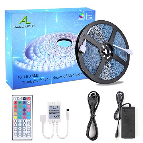 ALED LIGHT 10M 5050 RGB 600 LED Luces de Tira Cambiantes de Color con 44K Mando a Distancia IR + Adaptador de Corriente de 24V 3.5A para El Hogar y La cocina Iluminación Decorativa