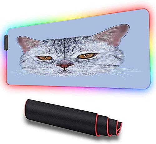 Alfombrilla de ratón LED RGB para juegos, Scottish Straight Kitty Portrait P, Alfombrilla LED extendida Alfombrilla de ratón con base de goma antideslizante gruesa para jugadores 800x300x30mm