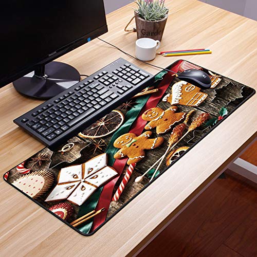 Alfombrilla goma antideslizante para ratón,Gingerbread Man, Deliciosas galletas caseras Frutas secas y herramientas de panadería Festivo Rústic,Lavable, con diseños, para Gamers, PC y Portátil60x35 cm