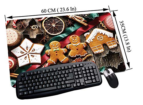 Alfombrilla goma antideslizante para ratón,Gingerbread Man, Deliciosas galletas caseras Frutas secas y herramientas de panadería Festivo Rústic,Lavable, con diseños, para Gamers, PC y Portátil60x35 cm