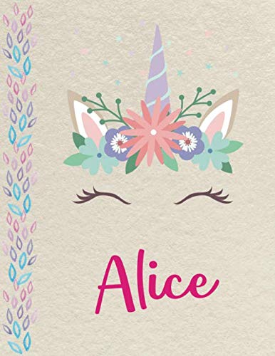 Alice: Personalized Unicorn Primary Composition Notebook for girls with pink Name: handwriting practice paper for Kindergarten to 2nd Grade Elementary ... composition books k 2, 8.5x11 in, 110 pages )