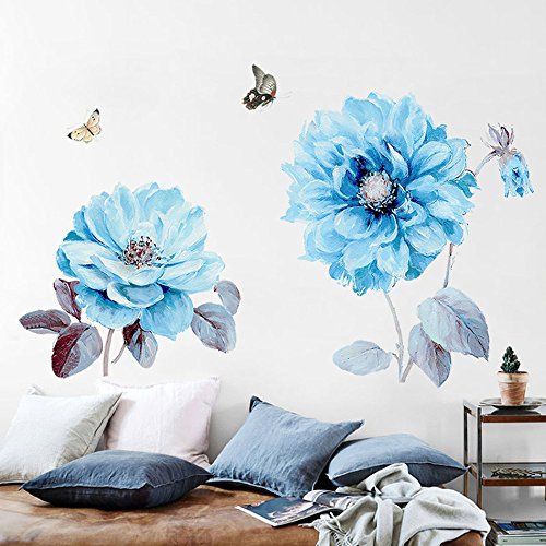 Alicemall 3D Pegatinas de Pared Flor Azul con Mariposas Vinilo del Arte de Pared Decoración de Pared 90*60cm