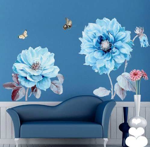 Alicemall 3D Pegatinas de Pared Flor Azul con Mariposas Vinilo del Arte de Pared Decoración de Pared 90*60cm