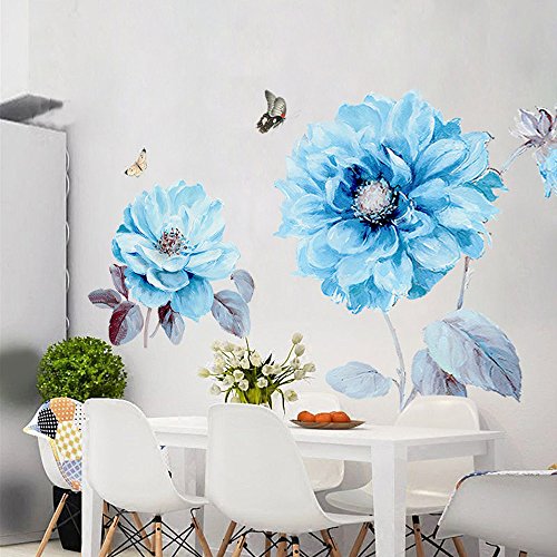 Alicemall 3D Pegatinas de Pared Flor Azul con Mariposas Vinilo del Arte de Pared Decoración de Pared 90*60cm