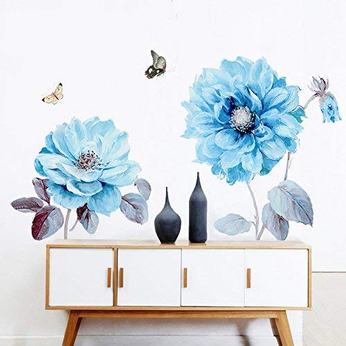 Alicemall 3D Pegatinas de Pared Flor Azul con Mariposas Vinilo del Arte de Pared Decoración de Pared 90*60cm