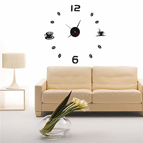 Aliciashouse Reloj de Pared Grande DIY Wall Sticker Reloj café té Taza número Reloj Home Decor de Cafe-Negro