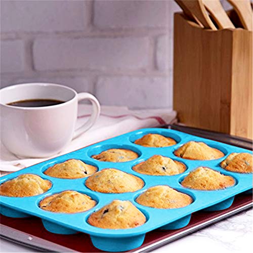 Alimagic Pastel Silicona Molde, Mini Molde de Silicona, Molde de Silicona 12 Engrosado Integrado Molde de jabón Redondo Muffin Cup Jelly Pudding Horno Molde para Hornear Pastel DIY (Azul)