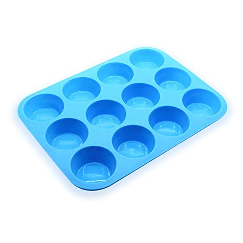 Alimagic Pastel Silicona Molde, Mini Molde de Silicona, Molde de Silicona 12 Engrosado Integrado Molde de jabón Redondo Muffin Cup Jelly Pudding Horno Molde para Hornear Pastel DIY (Azul)