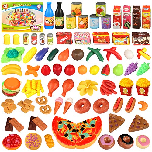 Alimentos de Juguete Set, joylink 139pcs Comida Cocina Juguete Cortar Frutas Verduras Pizza Juego de Plástico para Niños, Juguete Imitación Juego de rol para 3+ Años Niños