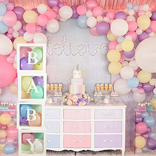 ALITREND Cajas para Baby Shower para Decoración de Fiestas, 4 Cajas de Globos Transparentes para Decoración de Bloques de Bebé con Letra para Revelar el Género Fiestas Niños y Niñas (Blanco1)