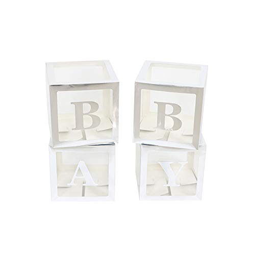 ALITREND Cajas para Baby Shower para Decoración de Fiestas, 4 Cajas de Globos Transparentes para Decoración de Bloques de Bebé con Letra para Revelar el Género Fiestas Niños y Niñas (Plata3)