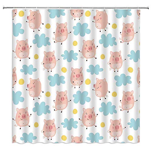 Aliyz Cortina de Ducha de Peppa Pig, Lindo Cerdo de Dibujos Animados, Nube Azul, Pastel, decoración de niña, Cortina de Ducha, Tela, decoración de baño con Gancho, 72 x 72 Pulgadas