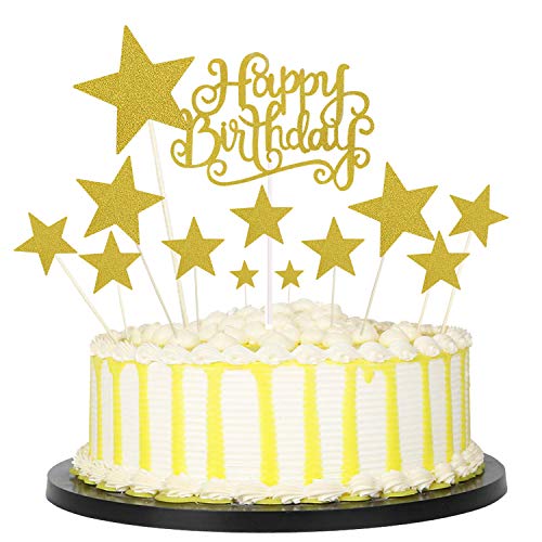 Allazone Decoraciones para Tarta, 1 Pz Oro Happy Birthday y 12 Pz Doradas Estrellas, Happy Birthday Topper Decoración para Cumpleaños Baby Shower Fiesta Temática