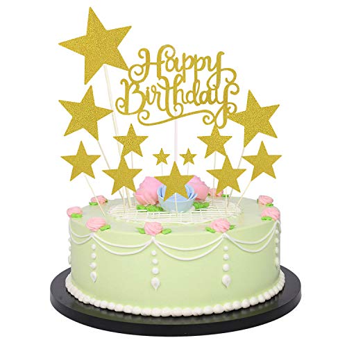 Allazone Decoraciones para Tarta, 1 Pz Oro Happy Birthday y 12 Pz Doradas Estrellas, Happy Birthday Topper Decoración para Cumpleaños Baby Shower Fiesta Temática