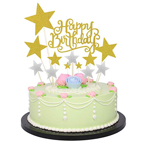 Allazone Decoraciones para Tarta, 1 Pz Oro Happy Birthday y 12 Pz Palillos con Estrellas Doradas y Plateadas, Happy Birthday Topper Decoración para Cumpleaños Baby Shower Fiesta Temática