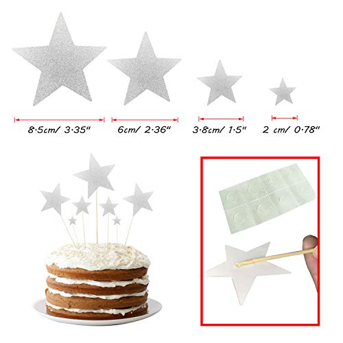 Allazone Decoraciones para Tarta, 1 Pz Plata Happy Birthday y 12 Pz Plata Estrellas, Happy Birthday Topper Decoración para Cumpleaños Baby Shower Fiesta Temática