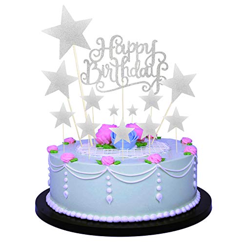 Allazone Decoraciones para Tarta, 1 Pz Plata Happy Birthday y 12 Pz Plata Estrellas, Happy Birthday Topper Decoración para Cumpleaños Baby Shower Fiesta Temática