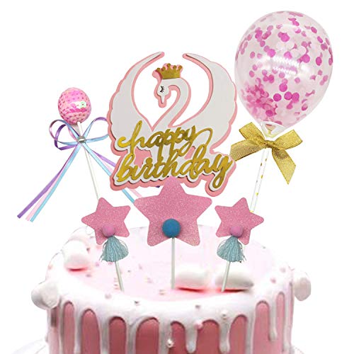 Allazone Topper Tarta Cumpleaños Decoración de Pasteles, 1 Pz Topper de Pastel de Cisne, 1 Pz Rosa Globo de Confeti, 3 Pz Estrella, 1 Pz Lollipop para Fiesta de Cumpleaños de Niña, Baby Shower