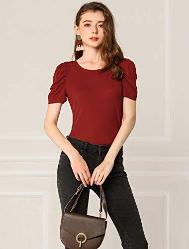 Allegra K Camisa de manga acanalada con cuello redondo, ajustada, color sólido para mujer Rojo granate 36