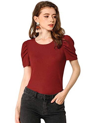 Allegra K Camisa de manga acanalada con cuello redondo, ajustada, color sólido para mujer Rojo granate 36