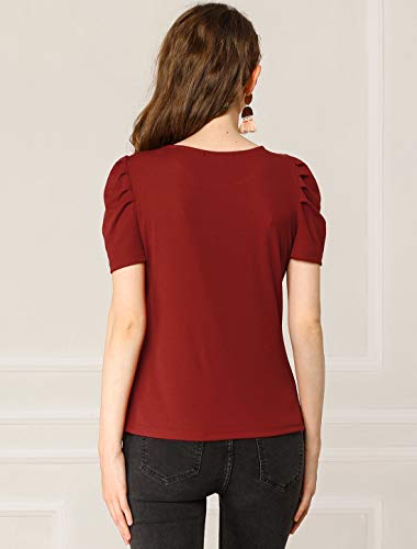 Allegra K Camisa de manga acanalada con cuello redondo, ajustada, color sólido para mujer Rojo granate 36