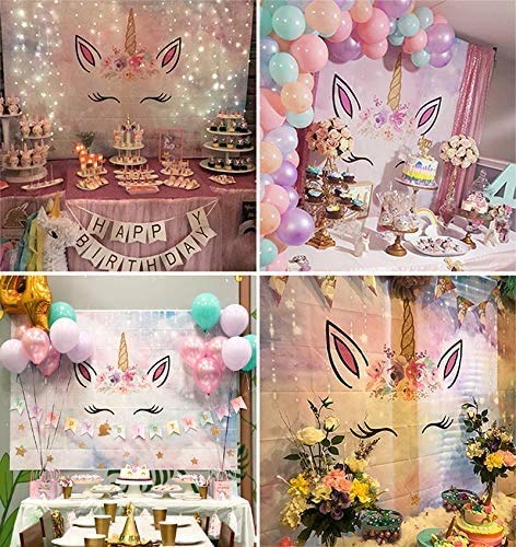 AllEnjoy - Fondo de unicornio para fiesta de cumpleaños, acuarela, flores para niñas y baby shower de 7 x 5 pies, decoración de estrellas con purpurina, para tartas y mesas de fotos