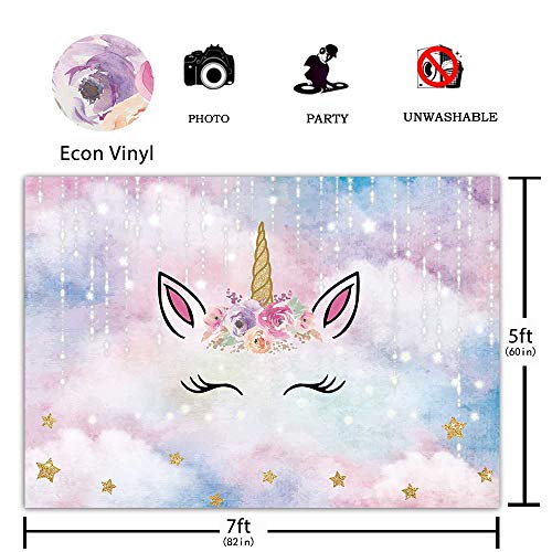 AllEnjoy - Fondo de unicornio para fiesta de cumpleaños, acuarela, flores para niñas y baby shower de 7 x 5 pies, decoración de estrellas con purpurina, para tartas y mesas de fotos