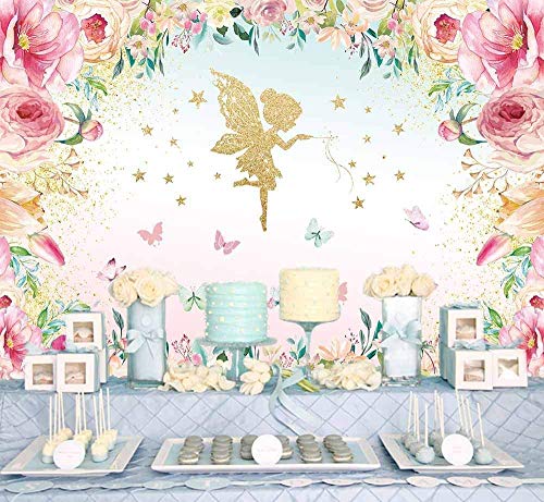 Alljoy - Fondo de decoración para fiestas de cumpleaños, diseño de mariposas y flores de princesa, fondo de fotografía, 7 x 5 pies, para fiestas de cumpleaños, fiestas, estudio, etc.