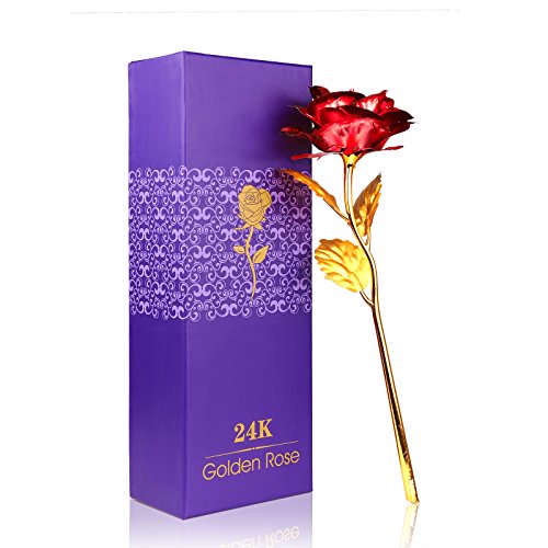 ALLOMN Rosa, Flores Artificiales, 24K Chapado en Oro Rosa con Caja de Regalo día de San Valentín Día de la Madre Cumpleaños de Navidad (Rojo)