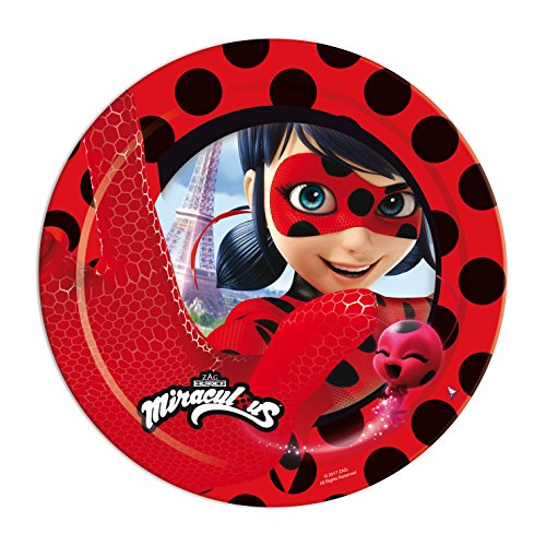 ALMACENESADAN 0460; Pack Lady Bug, Miraculous; Ideal para Fiestas y cumpleaños; 16 Platos y 20 servilletas.