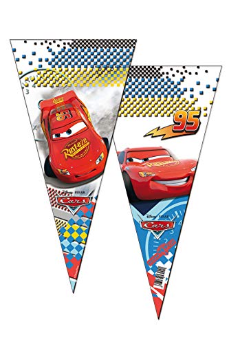 ALMACENESADAN 2355; Pack 6 Bolsas de Cono Disney Cars; Ideal para Fiestas y cumpleaños; Bolsas para gominolas o Regalos; Producto de plástico; Dimensiones 20x40 cm