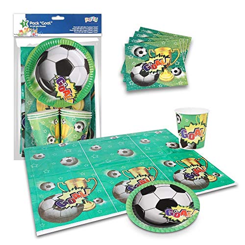 ALMACENESADAN 9970, Pack Fiesta o cumpleaños Goal, Futbol; Compuesto por 1 Mantel de Fiesta de plástico 132x182 cm, 6 Vasos, 6 Platos 18 cm y 6 servilletas de Papel.