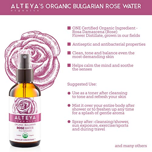 Alteya Organic Agua Floral de Rosa (Rosa Damascena) 120 ml - Spray (Vidrio) - 100% Puro Natural Bio Producto con Certificado USDA