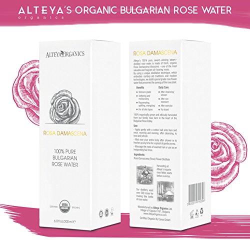 Alteya Organic Agua Floral de Rosa (Rosa Damascena) 200 ml – Spray (Vidrio) - 100% Puro Natural Bio con Certificado USDA, Vendido Directamente por el Cultivador y Destilador Alteya Organics