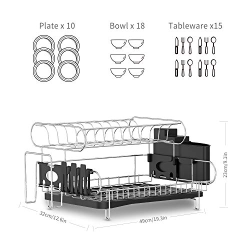 alvorog Escurridor de Platos, Soportes para Platos,Escurreplatos de Cocina Plastico y Metal con Bandeja de Gota Extraíble, Estante para Platos de 2 Niveles con Bandeja (52x44x25cm)