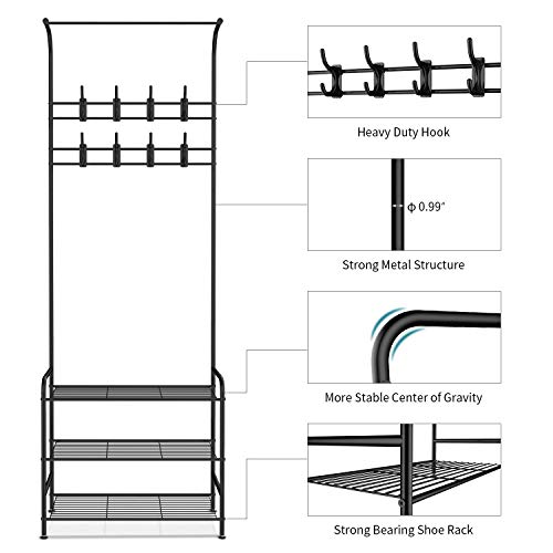 alvorog Perchero con Zapatero, Perchero Metálico de Pie, Perchero de Entrada con 3 Capas y 16 Ganchos para Zapatos y Ropa 65 x 30 x 180 cm, Negro