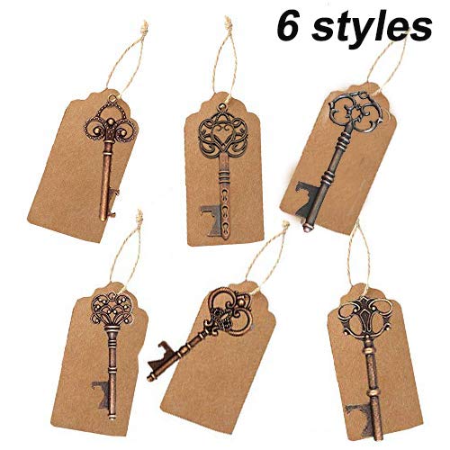 Amajoy 30 Sets (6 estilos) Abridores de llaves de esqueleto surtidos vintage con bolso Sheer White Bag para decorar regalos de cumpleaños antiguos, cobre